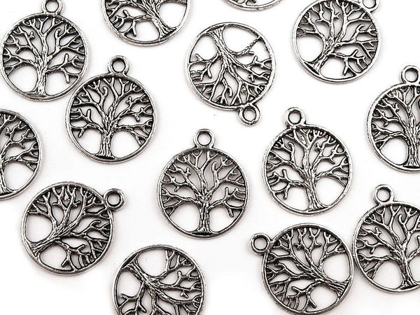Platinfarbener Lebensbaum-Metallanhänger beidseitig (Ø20 mm) - Premium-Flora-Dekoration für Kleidung, Schmuck und Accessoires