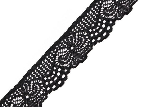 Premium elastische Spitzenborte mit Blumenmuster, 30 mm Breite - Schwarz