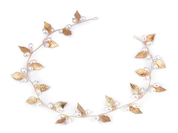 Elegante Braut-Haarranke mit Perlen und goldenen Blättern - Langes festliches Stirnband & Tiara (43 cm)