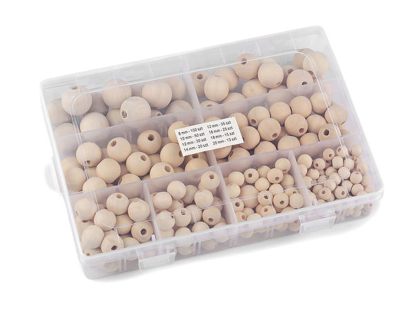 Premium Holzperlen-Set Natur in Sortierbox - 288 Teile, sortierte Größen (8 mm bis 20 mm) für Makramee, Traumfänger und Schmuckherstellung
