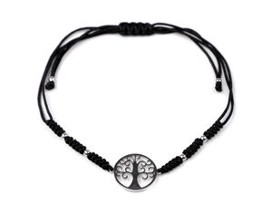 Lebensbaum Shamballa-Armband mit Anhänger - Verstellbares Kordelarmband aus hochglänzendem Edelstahl, Schwarz
