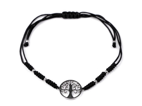 Lebensbaum Shamballa-Armband mit Anhänger - Verstellbares Kordelarmband aus hochglänzendem Edelstahl, Schwarz