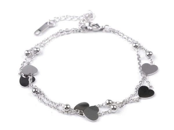 Zweireihiges Edelstahl-Kettenarmband mit Herz und Perlen