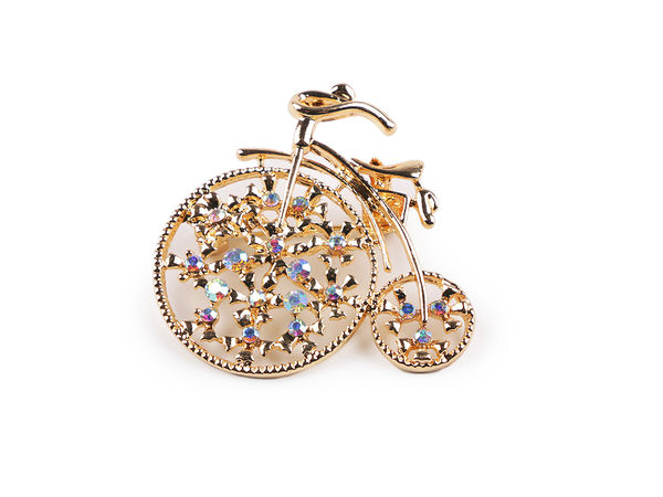 Elegante Fahrradbrosche mit funkelnden AB-Strasssteinen - Goldfarbene Vintage-Anstecknadel