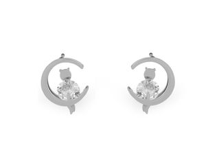 Edelstahl-Ohrstecker Mondsichel und Katze mit funkelndem Strassstein - Silber