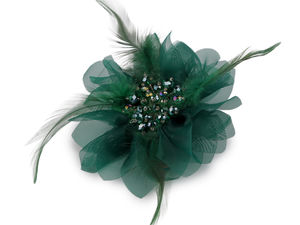 Elegante Chiffon-Blütenbrosche mit Glas-Schliffperlen & Federn - Anstecknadel & Haarclip