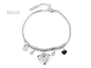 Elegantes Edelstahl-Schlangenarmband mit Herzanhänger, Perlen und Strasssteinen - Silber