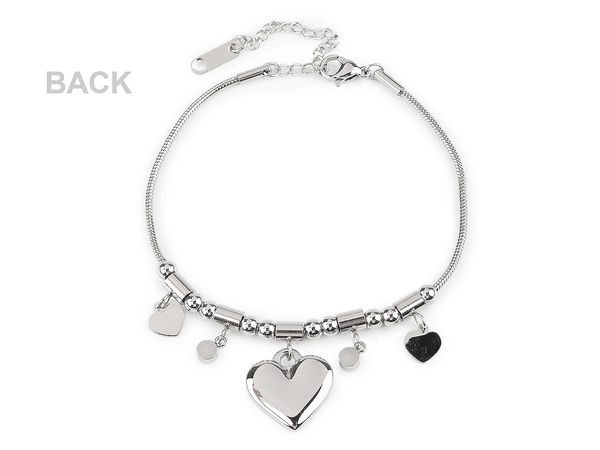 Elegantes Edelstahl-Schlangenarmband mit Herzanhänger, Perlen und Strasssteinen - Silber