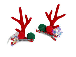 Weihnachts-Rentiergeweih-Haarspangen mit festlichen Pompons - Wildlederimitat-bezogene Feiertags-Haarnadeln (Rot)
