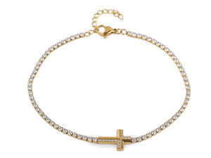 Elegantes Edelstahl-Armband mit Strass-Kreuz in Kristallgold - Verstellbarer Verschluss
