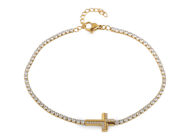 Elegantes Edelstahl-Armband mit Strass-Kreuz in Kristallgold - Verstellbarer Verschluss