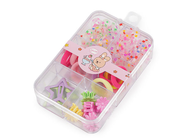 Kinder Mini-Haarschmuck-Set mit Aufbewahrungsbox – Sortierte Haargummis, Mini-Haarklammern und Haarspangen (Multipack)