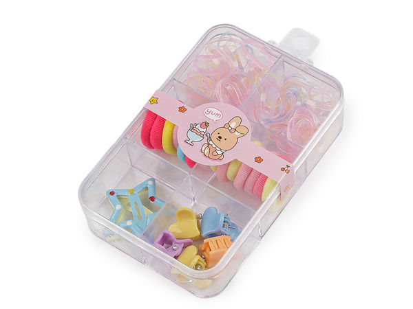 Kinder Mini-Haarschmuck-Set mit Aufbewahrungsbox – Sortierte Haargummis, Mini-Haarklammern und Haarspangen (Multipack)