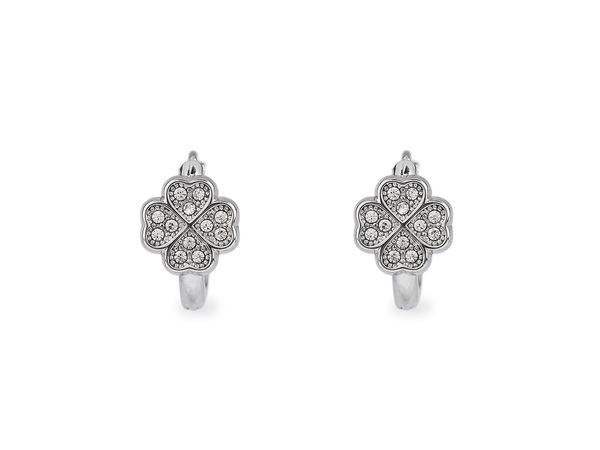 Edelstahl-Creolen mit vierblättrigem Kleeblatt und Zirkonia - Kristallsilber
