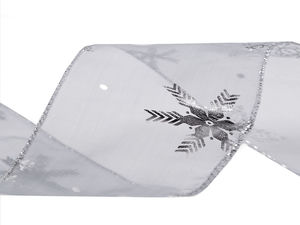 Premium Weihnachts-Organza-Chiffonband mit Metallic-Schneeflockendruck und Lurexkante, 60 mm