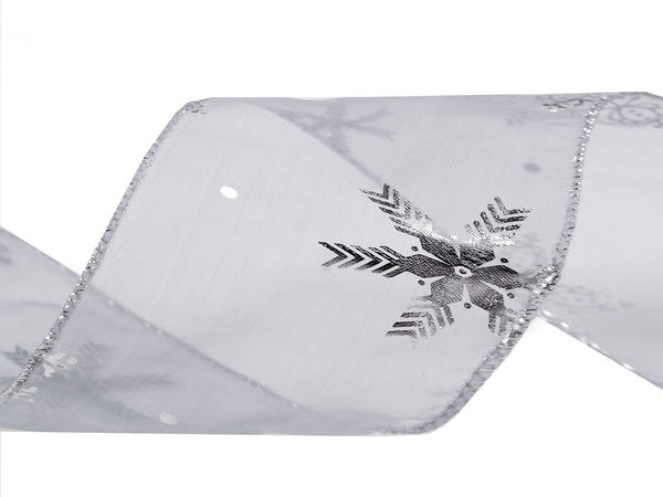 Premium Weihnachts-Organza-Chiffonband mit Metallic-Schneeflockendruck und Lurexkante, 60 mm