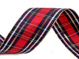 Premium Schleifenband rot-gold kariert mit Drahtkante und Lurex - 40 mm breit