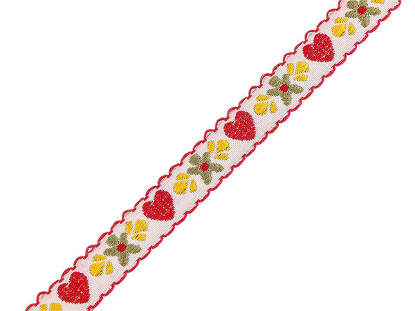 Premium-Jacquard-Webband - Borte mit Herz- und Blumenmuster, 15 mm Breite