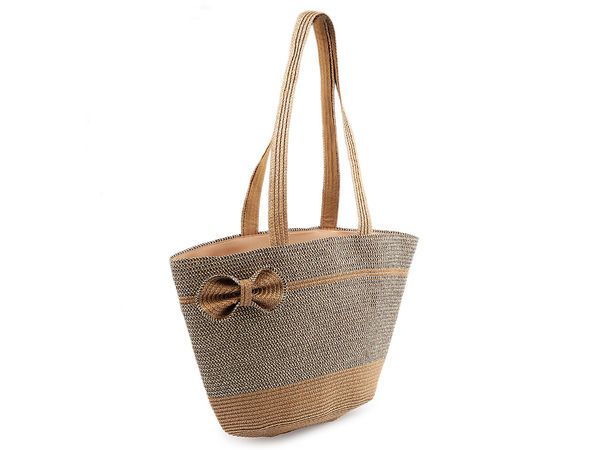 Premium gewebte Strandtasche aus Papiergarn - Geräumige Handtasche mit Schleifendetail und Reißverschluss, 40 x 27 cm