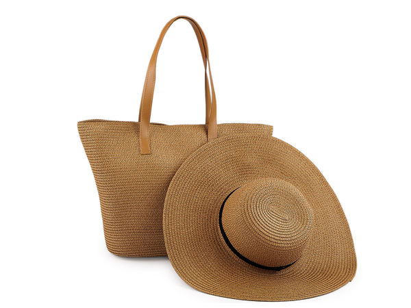 Damen Strohhut- und Strandtaschen-Set - Sommerlicher Sonnenhut mit breiter Krempe & geräumige Handtasche mit Reißverschluss