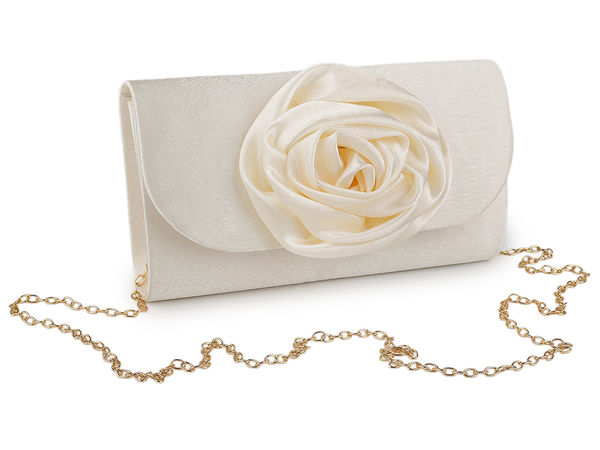Elegante Satin-Clutch mit Blumenapplikation und abnehmbarem Kettenschultergurt