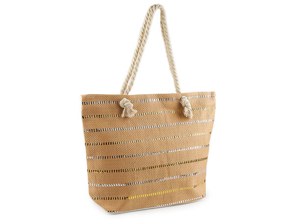 Premium-Sommer-Tote-Bag aus Papiergarn mit Metallic-Streifen - Große Strand- und City-Handtasche mit Baumwollkordel-Henkeln, 52x38 cm