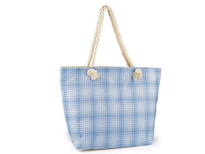 Große karierte Sommer-Strandtasche - Geräumige Reisetasche mit Kordelhenkeln aus gedrehter Baumwolle und Reißverschluss (52 x 37 cm)