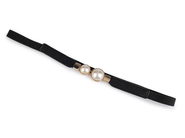 Eleganter elastischer Damen-Taillengürtel mit Perlenverschluss - Schmaler 1,5 cm Stretch-Gürtel (Schwarz)