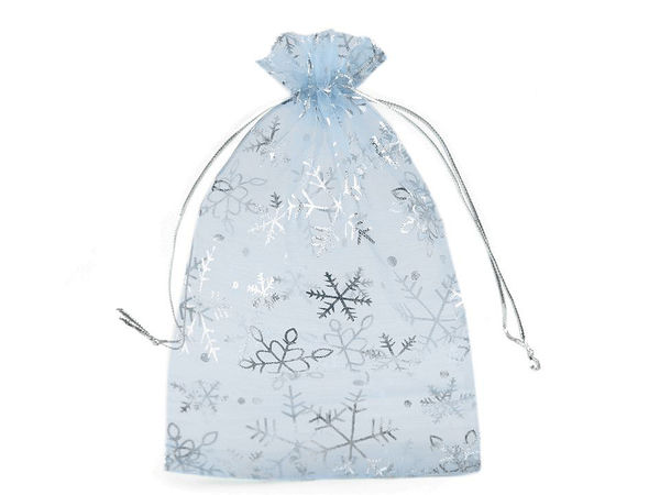 Organza-Geschenkbeutel mit Schneeflocken-Motiv und Satinband (13 x 18 cm)