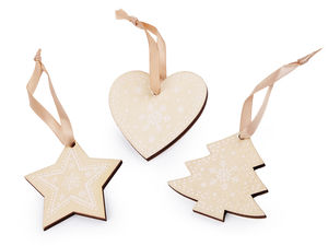 Rustikales Holz-Weihnachtsschmuck-Set (3-teilig) - Stern, Herz und Tannenbaum Deko-Anhänger mit Öko-Lederbändern