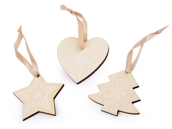 Rustikales Holz-Weihnachtsschmuck-Set (3-teilig) - Stern, Herz und Tannenbaum Deko-Anhänger mit Öko-Lederbändern