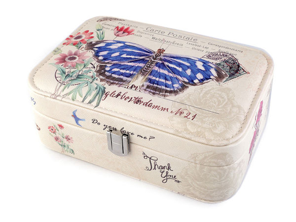 Schmuckschatulle aus Kunstleder mit Schmetterlingsmotiv, Spiegel und Fächer-Organizer