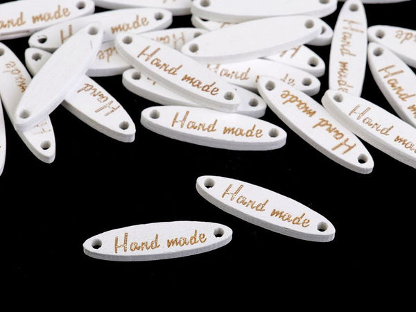 Ovale Holz-Labels "Hand Made" (6x27mm) mit seitlichen Löchern - Premium-Etiketten für Taschen, Stricken, Scrapbooking und DIY-Projekte