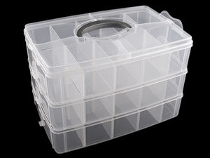 Transparente 3-stöckige stapelbare Aufbewahrungsbox aus Kunststoff mit verstellbaren Fächern und Tragegriff