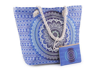 Große Premium-Strandtasche aus Baumwolle mit Mandala-Print und abnehmbarem Kosmetiktäschchen-Set – Geräumiger Sommer-Shopper mit Kordelhenkeln, 39x50 cm