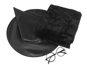 Premium Zauberer-Kostümset - Schwarzer Samtumhang mit Kapuze, Spitzhut & Brille