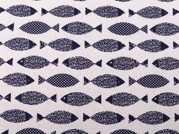 Premium grober Baumwollstoff - Leinenimitat mit Fischmotiv, Burlap-Blau