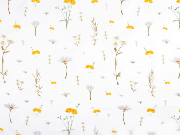 Premium-Baumwoll-Canvas-Stoff mit Wiesenblumen - Weiß