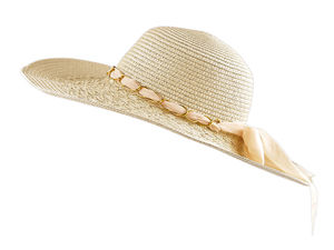 Eleganter Damen-Sommerstrohhut mit breiter Krempe und Perlenverzierung