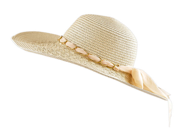 Eleganter Damen-Sommerstrohhut mit breiter Krempe und Perlenverzierung