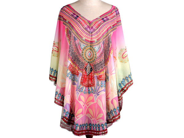 Transparenter Damen Strandponcho mit Strass - Elegante Beachwear-Bluse in Einheitsgröße
