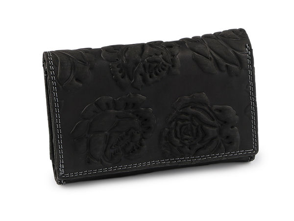 Damen-Ledergeldbörse mit 3D-Blumen 10x15 cm