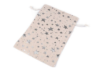 Premium-Geschenkbeutel aus Leinen mit Metallic-Sterndruck, 20x30 cm - Kordelzugbeutel in Natur-Silber