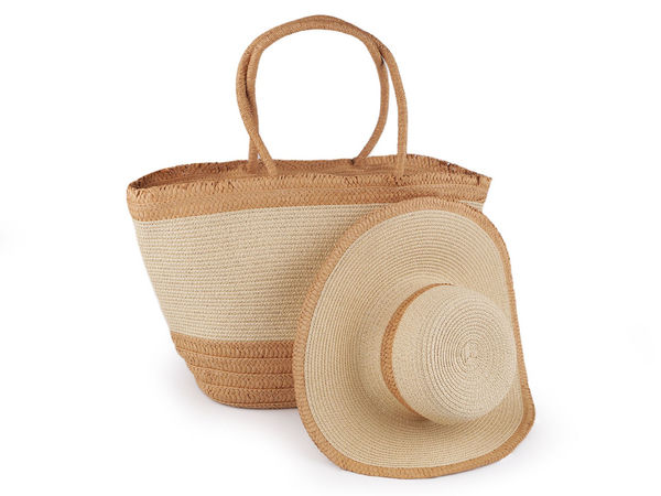 Damen-Strohhut und passende Strandtasche im Set - Weitkrempiger Sonnenhut aus Papiergarn & geräumige Tragetasche mit Reißverschluss