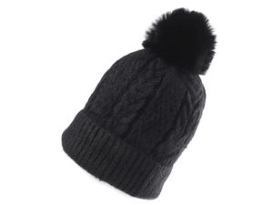 Emi Ross Damen Wintermütze mit Zopfmuster und Bommel - Warm gefütterte Strickmütze mit Kunstfell-Bommel