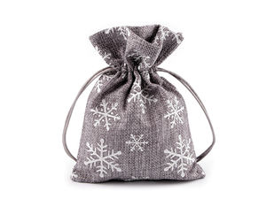 Grauer Weihnachts-Geschenkbeutel aus Jute-Imitat mit Glitzer-Schneeflocke und Satinband-Kordelzug (13 x 18 cm)