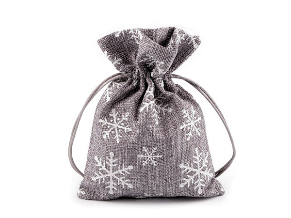Grauer Weihnachts-Geschenkbeutel aus Jute-Imitat mit Glitzer-Schneeflocke und Satinband-Kordelzug (13 x 18 cm)