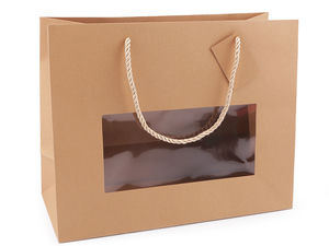 Premium Geschenktüte aus naturbraunem Kraftpapier mit Sichtfenster und Satinkordel-Griffen