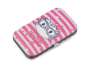 6-teiliges Maniküre-Set in Rosa mit Katzen-Motiv und Premium-Reiseetui - Professionelles Nagelpflege-Set