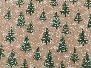 Weihnachts-Dekostoff aus Naturjute - Schneetannen-Druck mit funkelndem Glitzer
